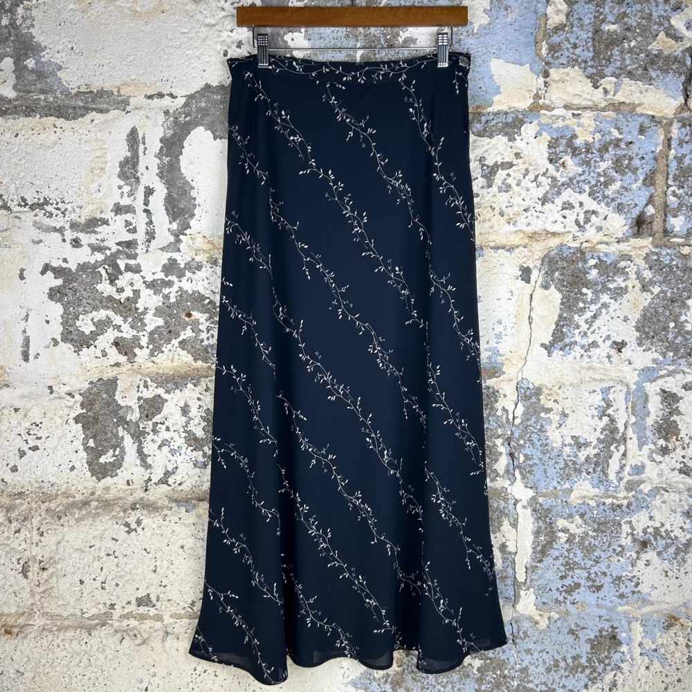 Vintage Rena Rowan Maxi Skirt Navy Blue Excellent Floral Vine Lined A-Line Sz 12